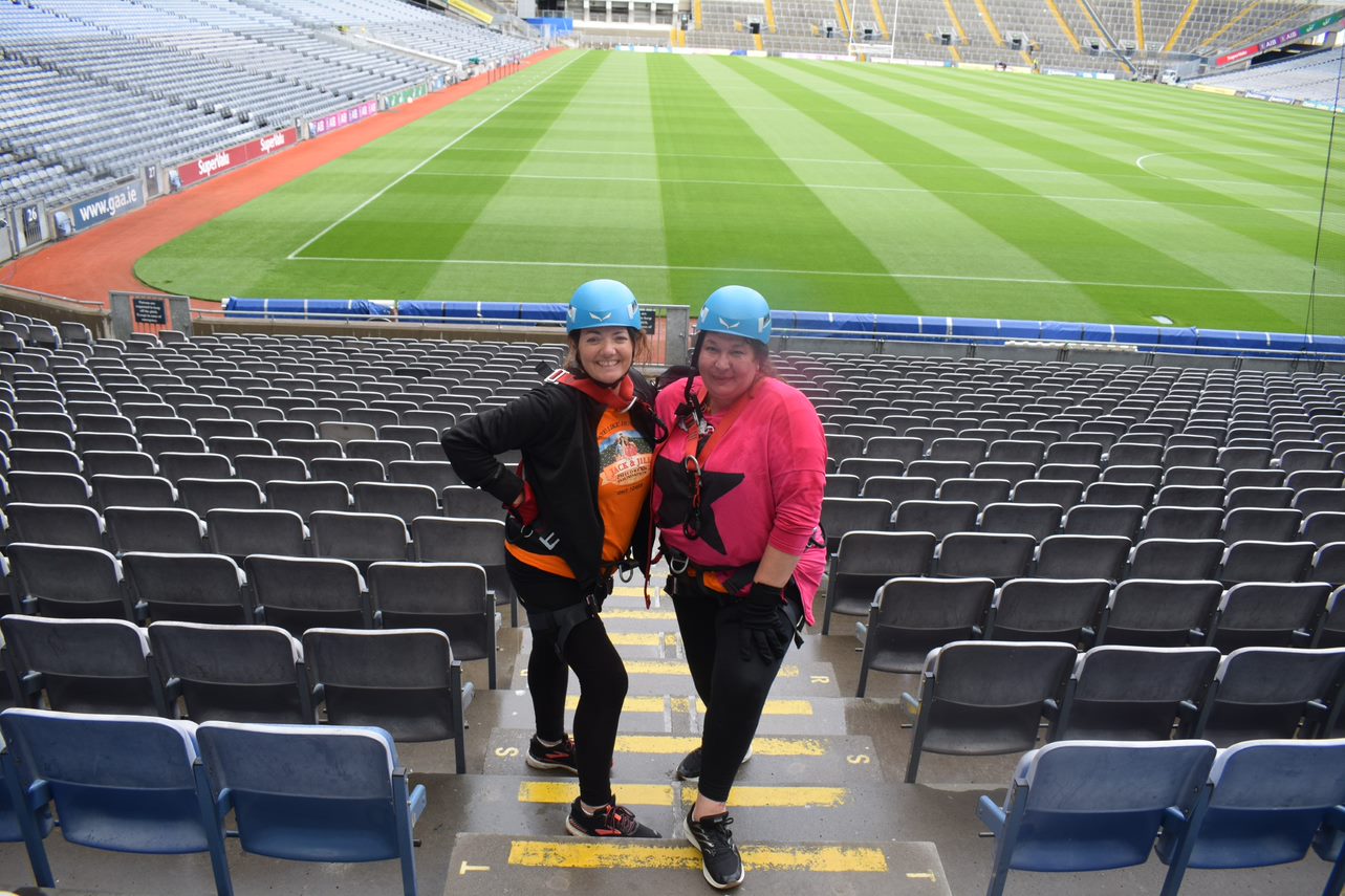 Nina and Leyla standing in Croke Park after Abseiling