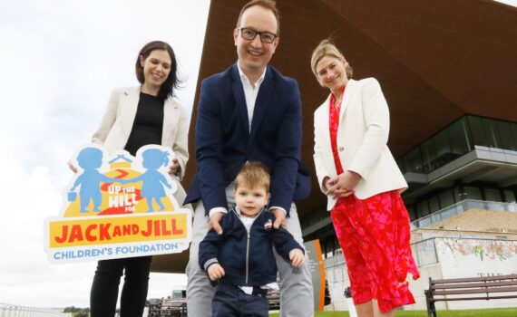 Pictured at the launch of Up the Hill for the Jack and Jill are Oonagh, Oisin and Jamie (2 years) Curran from Naas with Former Champion Jockey, Nina Carberry