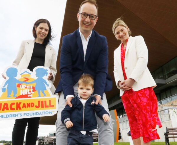 Pictured at the launch of Up the Hill for the Jack and Jill are Oonagh, Oisin and Jamie (2 years) Curran from Naas with Former Champion Jockey, Nina Carberry