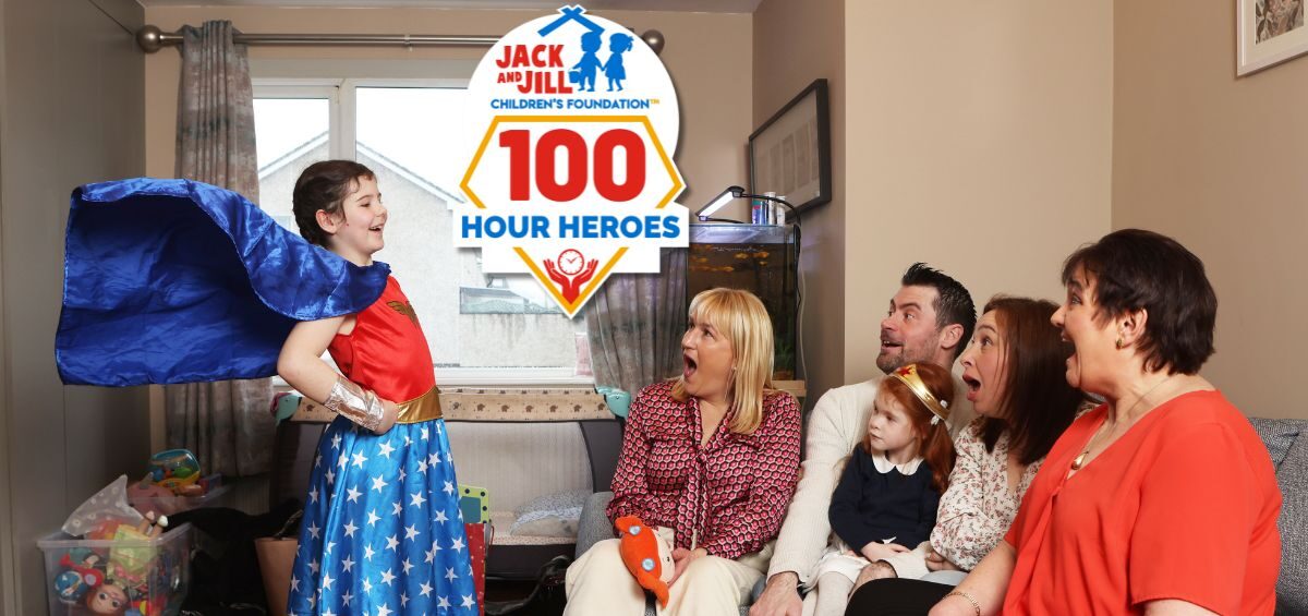 Jack and Jill Heapes Family, with Jack and Jill Liaison Nurse Caroline, Fundraising executive Tina and Superhero Rachael